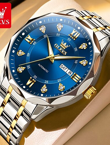  Reloj Olevs 6727 para hombre, original, de lujo, mecánico, automático, resistente al agua, calendario semanal, de acero inoxidable.