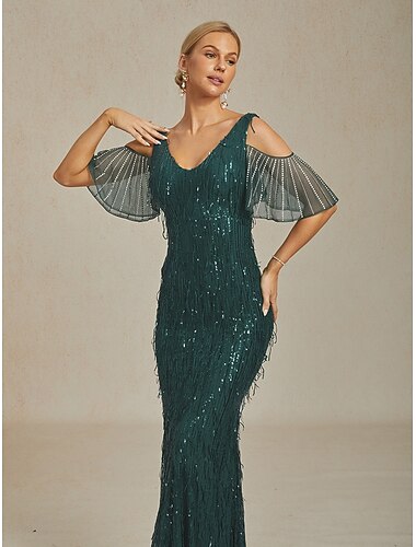  Dam Maxiklänning Sheath Dress Elegant party Födelsedag Ensfärgat Halvlång ärm V-hals Mörkgrön Sommar