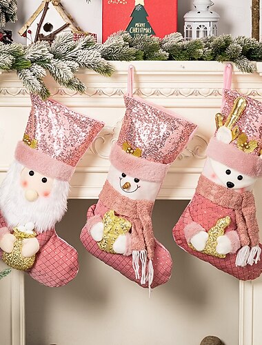  Chaussette de Noël style européen rose à paillettes, sac cadeau de luxe pour cadeaux de Noël, maison, cheminée, fête, décoration saisonnière, accessoire