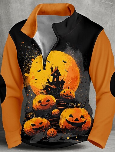 Halloween Per uomo Zucca Felpa Punk Gotico Manica Lunga Collo Alto Feste Club Arancione Cerniera Zip a un quarto Autunno Inverno progettista