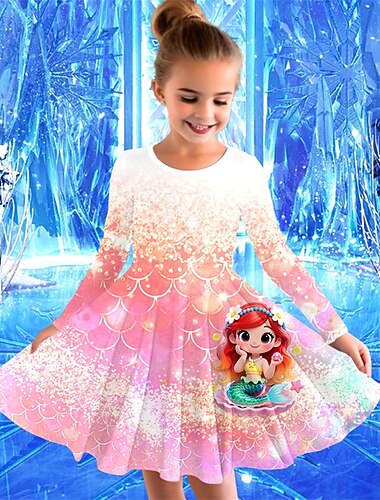  Girls ' 3D Sirena Vestido Manga Larga Verano Primavera Vacaciones Diario Festivos Princesa Hermosa Dulce Niños 4-12 años Vestido informal Vestido de una línea Hasta la Rodilla Ajuste regular
