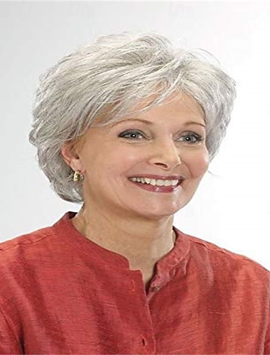  Kort sølvgrå parykkblanding med pixie-krøller med pannelugg, naturlig hår til daglig bruk