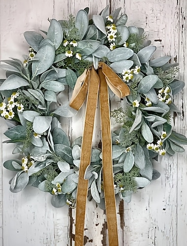  Jouluinen seppele etuovelle, keinotekoisia harmaita lehtiä ja valkoisia kukkia eukalyptusseppele, kevään loma-asunnon sisustus, seinälle ripustettava oviseppele