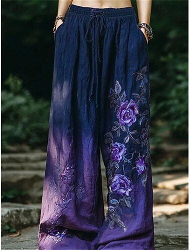  Damen Weites Bein Hosen Hose Palazzo-Hose Mode Volle Länge Hohe Taille Blume Kordelzug Tasche Elastischer Bund Atmungsaktivität Bequem Straße Alltagskleidung Ausgehen Violett Frühling Herbst Normale