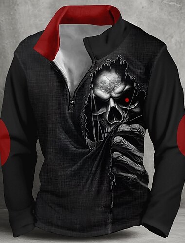  Halloween Per uomo Teschio Schizzi di sangue Macchie di sangue Felpa Punk Gotico Manica Lunga Collo Alto Feste Club Nero Cerniera Zip a un quarto Autunno Inverno progettista