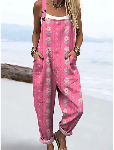  Damen Latzhose Aktiv Blumen Ärmellos Ärmellos Gerade Quadrathals Tasche mit Tasche Urlaub Täglich Lässiger Schnitt Gelb Rosa Blau Sommer
