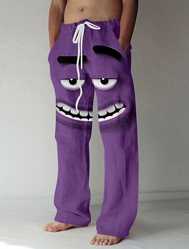  Homme Dessin Animé 3D Visage Souriant Pantalons Pantalon décontracté Pantalons Amples Taille Moyenne Drôle Extérieur Vacances Taille élastique avec cordon de serrage Pantalon en lin avec poches Ét