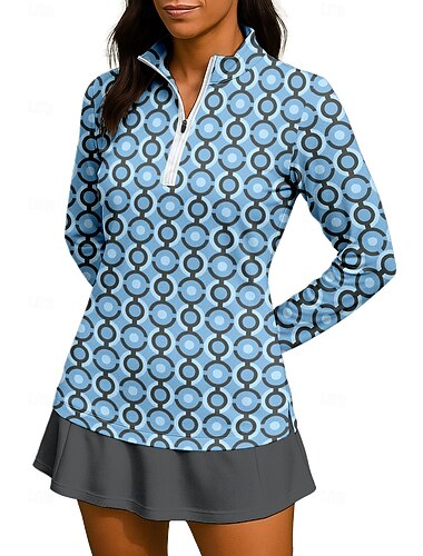  Damen Grafik Geometrisch Punkt Shirt Sporthemd Golf-Poloshirt Tennis Shirt Langarm Reißverschluss Blumen UPF50+ UV-beständig Hohe Elastizität Feuchtigkeitsableitend Atmungsaktiv Tennis Golfspiel