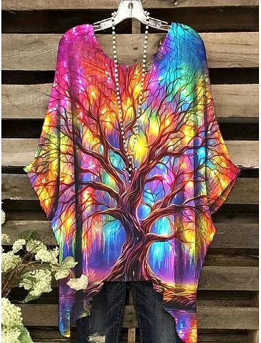  Damen Bluse Blumen Grafik Tiermotiv Vintage Täglich Lässig Halbarm Fledermaus Ärmel Rundhalsausschnitt Normale Oberteile Täglich Ferien Strandbekleidung Asymmetrisch Orange Regenbogen Beige Grau