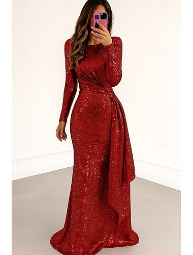  Fourreau / Colonne Longueur au sol Robes de Bal Robe de Soirée Tenue de soirée Élégant Éclat manche longue Col ras du cou Formel Mariage Pailleté avec Paillettes Plis