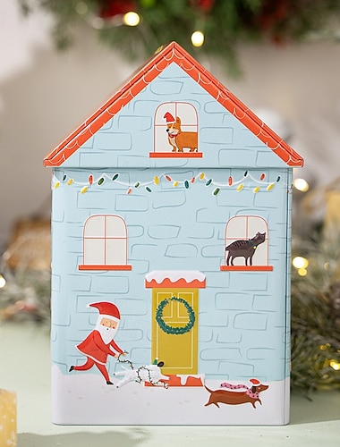  Weihnachtsplätzchendosen mit Deckel zum Verschenken, Weihnachtsdosenbehälter, kreatives blaues Hundehaus-Design, Metall-Aufbewahrungsbox, Weihnachtssüßigkeiten-Geschenkverpackung, festliches