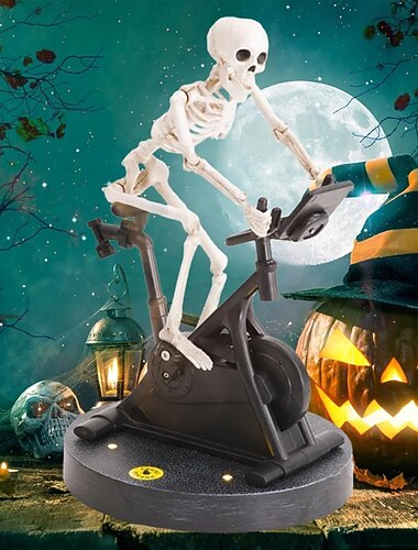  Halloween Animatronics Skelett, Animatronic Skelett Fahrrad fahrend Halloween Dekoration, Lustiges Animatronic Skelett auf Spinbike, Skelett Mann Feiertagsfiguren, Skelett Halloween Deko