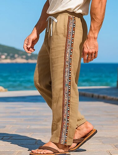  Herr Linne Byxor Långbyxor Sommarbyxor Säckiga byxor Boho byxor Snörning Elastisk midja Mönster Slät Komfort Andningsfunktion Fullängd Utomhus Ledigt Dagligen Mode Klassisk Stil 다크 카키 Oelastisk