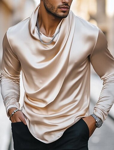  Per uomo Camicia Come la seta Camicia in raso Camicia casual Semplice Formale Matrimonio Nero Bianco Oro Manica Lunga Scollo a Cascata Primavera & Autunno Tutte le stagioni Abbigliamento Arricciato