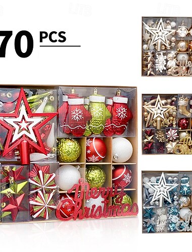  70 יחידות כדורי עץ חג המולד קישוטי קישוט חג המולד, סט תלייה עליון עם כוכבים צבועים, קישוט עץ חגיגי למסיבה ביתית