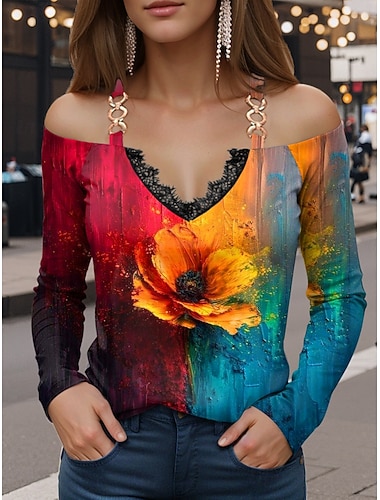  Жен. Футболка Цветочный принт Винтаж На каждый день Длинный рукав С открытыми плечами Обычные топы Повседневные Пэчворк С принтом Черный Красный Оранжевый Лето
