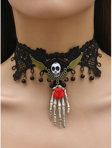  Halloween gothic kanten choker ketting voor dames & skelet hand oorbellen set – schedel & rode roos, verstelbare legering victoriaanse punk sieraden voor cosplay, kostuumfeesten, avondjes uit & festivals