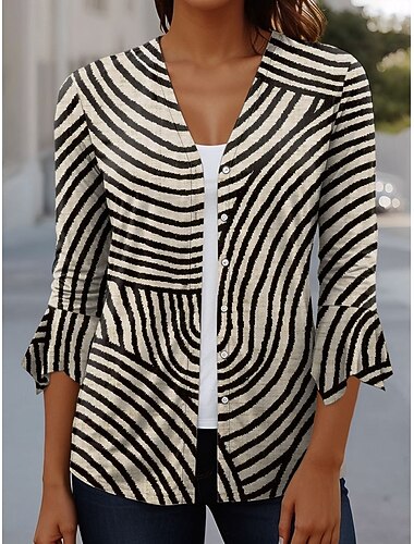  Жен. Футболка Графика Геометрический принт Элегантный стиль Винтаж Стиль Рукав 3/4 V-образный вырез Обычные топы Повседневные На выход Оборки Пуговицы Синий Розовый Зеленый Хаки Лето Весна Осень