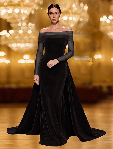  Meerjungfrauenschnitt Bodenlange Schleppe Abendkleid Ballkleid mit Überrock Festliche Kleidung Elegant Glitzernd Promi-Stil Ärmellos Schulterfrei Gartenparty Hochzeit Tüll Samt mit Stickerei