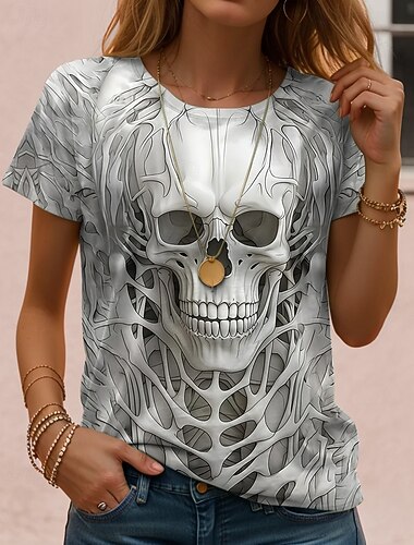  Halloween 女性用 Tシャツ グラフィック スカル ハロウィーン ヴィンテージ スタイリッシュ クラシック 半袖 クルーネック レギュラートップス 日常 週末 プリント ブラック ルビーレッド ライトブラウン ブルー オレンジ 秋 冬