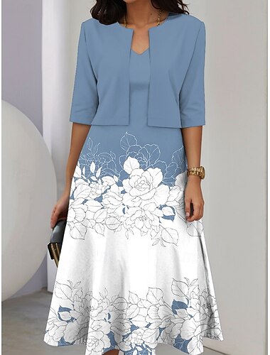  Set di abiti da donna a due pezzi abito midi con giacca abito elegante a linea maniche a ¾ casual semi formale stampa floreale ombre scollo a V data giallo chiaro blu verde vestibilità regolare