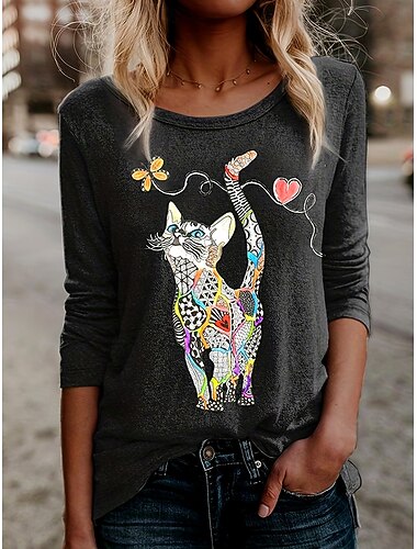  Dámské tričko s dlouhým rukávem Květinový grafický kočka Vintage Stylové Klasické tričko s dlouhým rukávem Crew Neck Pravidelné topy Každodenní potisk Černá Modrá Zelená Jaro Podzim Předpodzim
