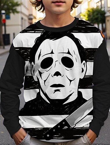  ハロウィーン 男の子 3D ゴースト Tシャツ Ｔシャツ 長袖 春 秋 ファッション ベーシック 子供 4〜12年 クルーネック アウトドア カジュアル 日常 レギュラー