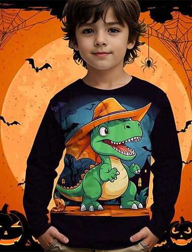  Víspera de Todos los Santos Chico 3D Caricatura Dinosaurio Camiseta Manga Larga Primavera Otoño Moda Básico Niños 4-12 años Cuello Barco Exterior Casual Diario Ajuste regular