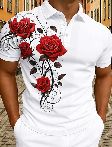  Valentins Dag Herre Rose Polo Kortærmet Polo skjorter Skjorter med krave Afslappet atletiktøj Ferie Ferietøj Knapper Sommer Sort Hvid