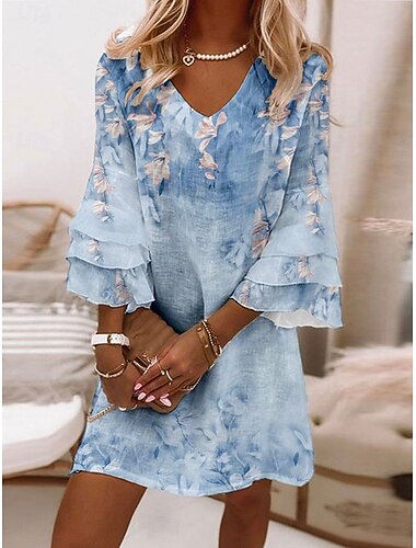 Per donna Mini Abito Vestito Estivo Abito a trapezio Boho Feste Vestibilità regolare Floreale Grafico Manica 3/4 Scollo a V Rosa Blu Viola Verde Estate Primavera