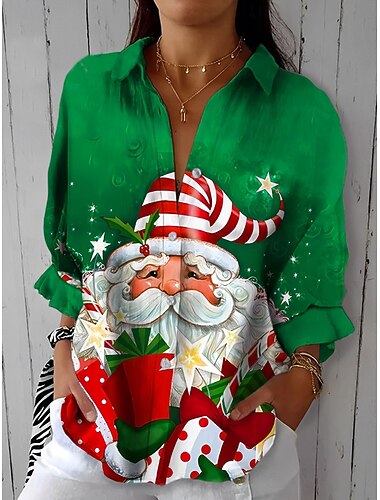  Weihnachten Damen Hemd Grafik Weihnachtsmann Vintage Tropisch Täglich Langarm Hemdkragen Normale Oberteile Täglich Ferien Knöpfe Druck Schwarz Gelb Rote Blau Purpur Sommer Frühling Herbst Winter