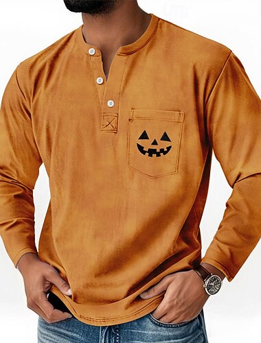  Voor heren Halloween Pompoen glimlach Henley-shirt T-shirt T-shirt Lange mouw Retro vintage Casual Casual Lente Herfst Blauw Groen Paars Oranje Henley Henley-T-shirt