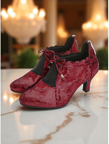  Burgunderrote Vintage-Tanzschuhe für Damen – Gatsby-inspirierte Schnürschuhe mit Mesh-Einsätzen für professionelle Ballsaal- und Partykostüme im Stil der 1920er Jahre