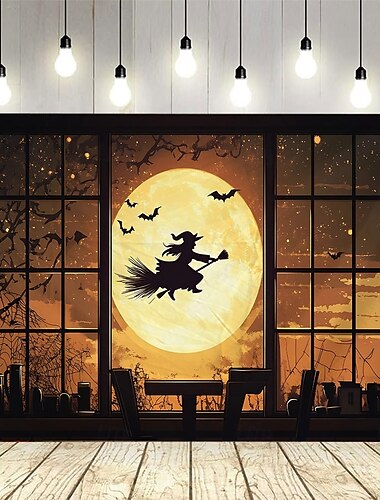  Gobelin na okno z motywem czarownicy na Halloween, upiorna pełnia księżyca i sylwetka latającej czarownicy, dekoracja ścienna z tkaniny poliestrowej do nawiedzonego domu, do salonu, sypialni,