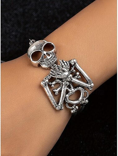  Pulsera de esqueleto de Halloween para mujer: aleación de plata con diseño de esqueleto y palo de escoba; cadena ajustable, perfecta para disfraces y fiestas de Halloween.