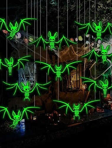  10 pezzi di decorazioni per l'atmosfera horror di Halloween, appese agli alberi con luce notturna fluorescente da pipistrello stereoscopico 3D, decorazioni per feste e case infestate