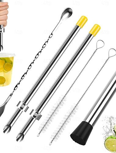  6-osainen ammattimainen limonaditelinesarja sisältää 2 kpl 304 ruostumattomasta teräksestä valmistettua pilliräikkäriä, 1 ruostumattomasta teräksestä valmistetun mudderin, 1 sekoituslusikan ja 2
