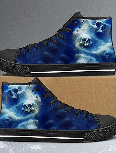  grønne høye sneakers med spøkelseshodeskalletrykk til menn – gotiske, uformelle lerretssko til halloween, cosplay og gatemote