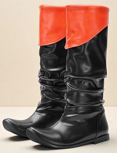  Botas masculinas dobráveis pretas e vermelhas de cano alto, estilo pirata retrô, em couro sintético, para festa de Halloween e cosplay