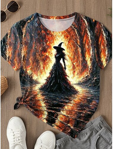  Halloween 女性用 Tシャツ グラフィック 魔女 ヴィンテージ スタイリッシュ クラシック 半袖 ラウンドネック レギュラートップス 日常 プリント ブルー パープル オレンジ グリーン 夏 春 秋