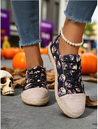  dame espadriller i kanvas med hodeskallemønster og jutesåle – Halloween-sneakers med snøring for gotisk stil, høstantrekk og daglig komfort