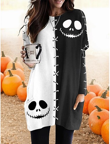  T-shirt donna Halloween grafica mostro vintage moda maniche lunghe collo rotondo maglie lunghe quotidiane uscita weekend stampato nero bianco arancio avorio primavera autunno