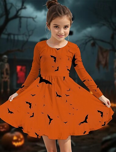  ハロウィーン 女子 3D コウモリ ドレス 長袖 夏 春 バケーション 日常 祝日 プリンセス 美しい 甘い 子供 4〜12年 カジュアルドレス A ラインドレス 膝丈 レギュラー