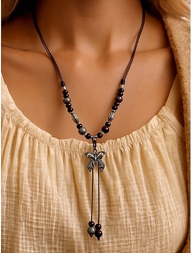 collana con ciondolo a farfalla in ceramica regolabile da donna – gioielli bohémien con corda lunga per abbigliamento casual, regali e festival