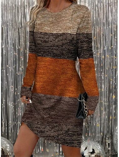  Per donna Mini Abito Vestito T-Shirt Abito a Tubino Casual Boho Quotidiano Ferie Data Vestibilità regolare Grafico Geometrico Manica Lunga Girocollo Marrone Primavera Autunno Inverno