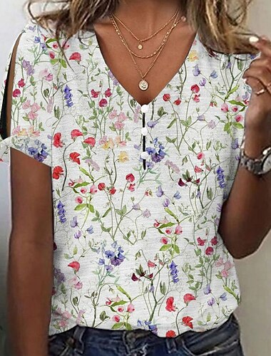  Damen T Shirt Blumen Lässig Kurzarm V Ausschnitt Normale Oberteile Täglich Ausgehen Druck Rosa Blau Grün Sommer
