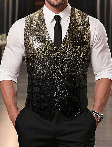  Herren Weste Gilet Urlaub Party Geschäft Mode Lässig Frühling Herbst Pailletten Knöpfe Polyester Bequem Schrittweise Einreihig Ein-Knopf V Ausschnitt Normale Passform Gold Weste