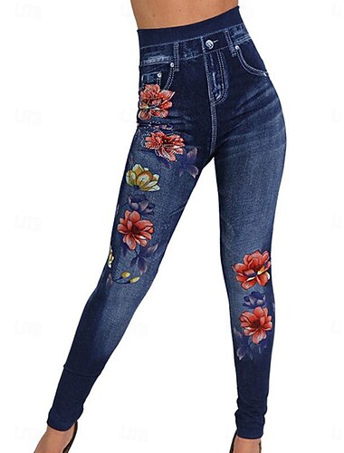  Dame Strømpebukse Leggings Anti gnagshorts Etnisk stil Lettvekt Strech Full lengde Høy Midje Blomstret Høyt snitt Komfort Hurtigtørkende Pustende Høy Elastisitet utendørs Feriereise Svart Blå Sommer
