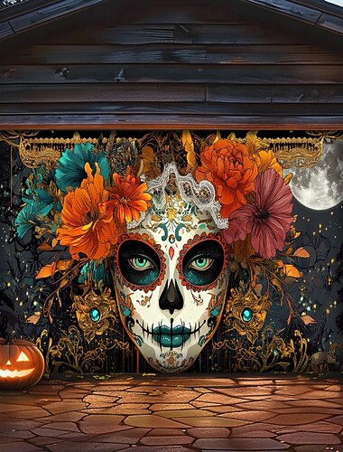 Tag der Toten Garagentorabdeckung Großes Hängendes Skelett Ringelblume Mexiko Dark Punk Gothic Party Outdoor Hintergründe aufnehmen Vordert¨¹r? Dekorationen Wand Tür Hintergrund