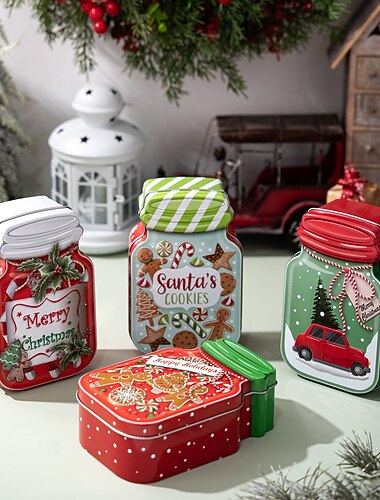  Vánoční plechovky na sušenky s víčky pro dárky, vánoční plechové nádoby s designem auta a perníku, kovové sváteční bonbóny, párty dekorace, slavnostní vánoční úložný doplněk